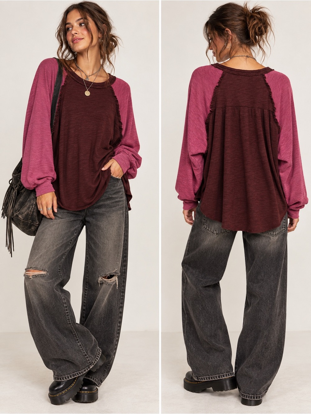 Pilcro Pink Burgundy Raglan Boho Goblincore 90’s Grunge Whimsy Sweatshirt Medium